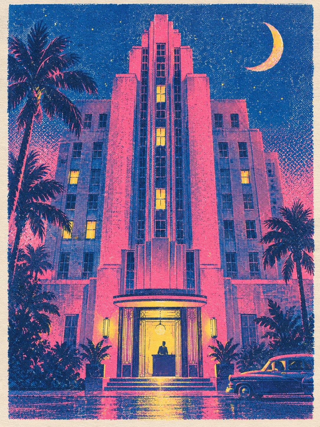 Night Shift at the Lantern Hotel key art: risograph poster